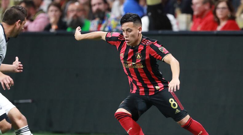 October 24, 2019 Atlanta: Atlanta United midfielder Ezequiel Barco works against Philadelphia in the Eastern Conference semifinals of the MLS playoffs on Thursday, October 24, 2019, in Atlanta.   Curtis Compton/ccompton@ajc.com