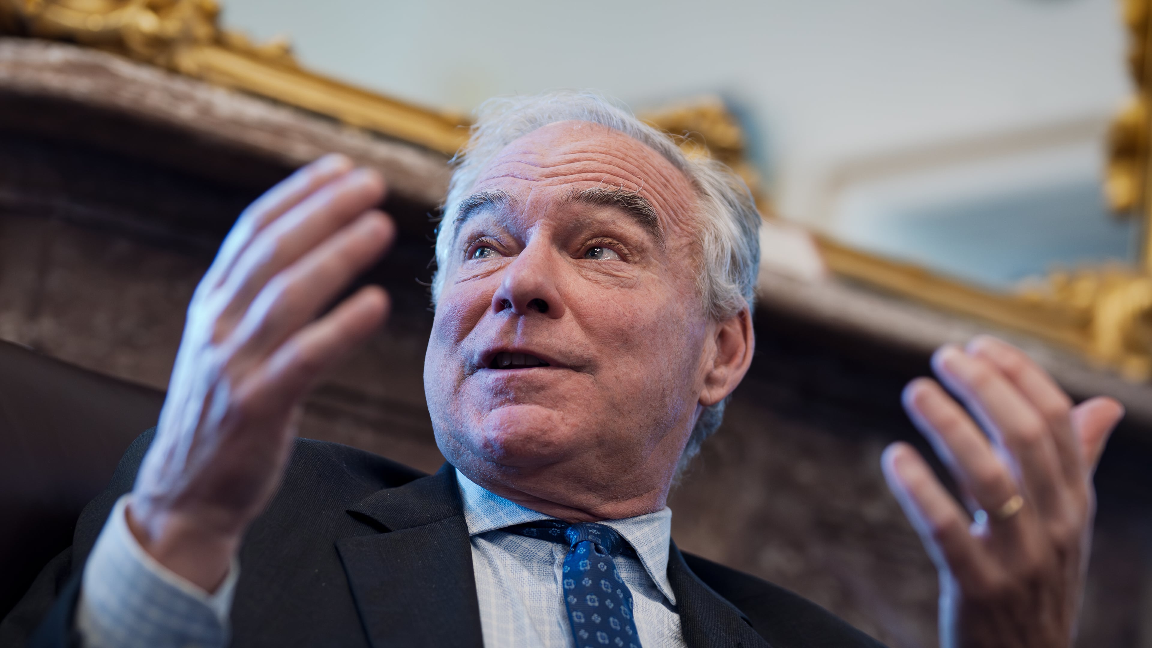 Sen. Tim Kaine, D-Va., meets with reporters to discuss President Donald Trump's strategy on tariffs, at the Capitol in Washington, Tuesday, Oct. 28, 2025. (AP Photo/J. Scott Applewhite)