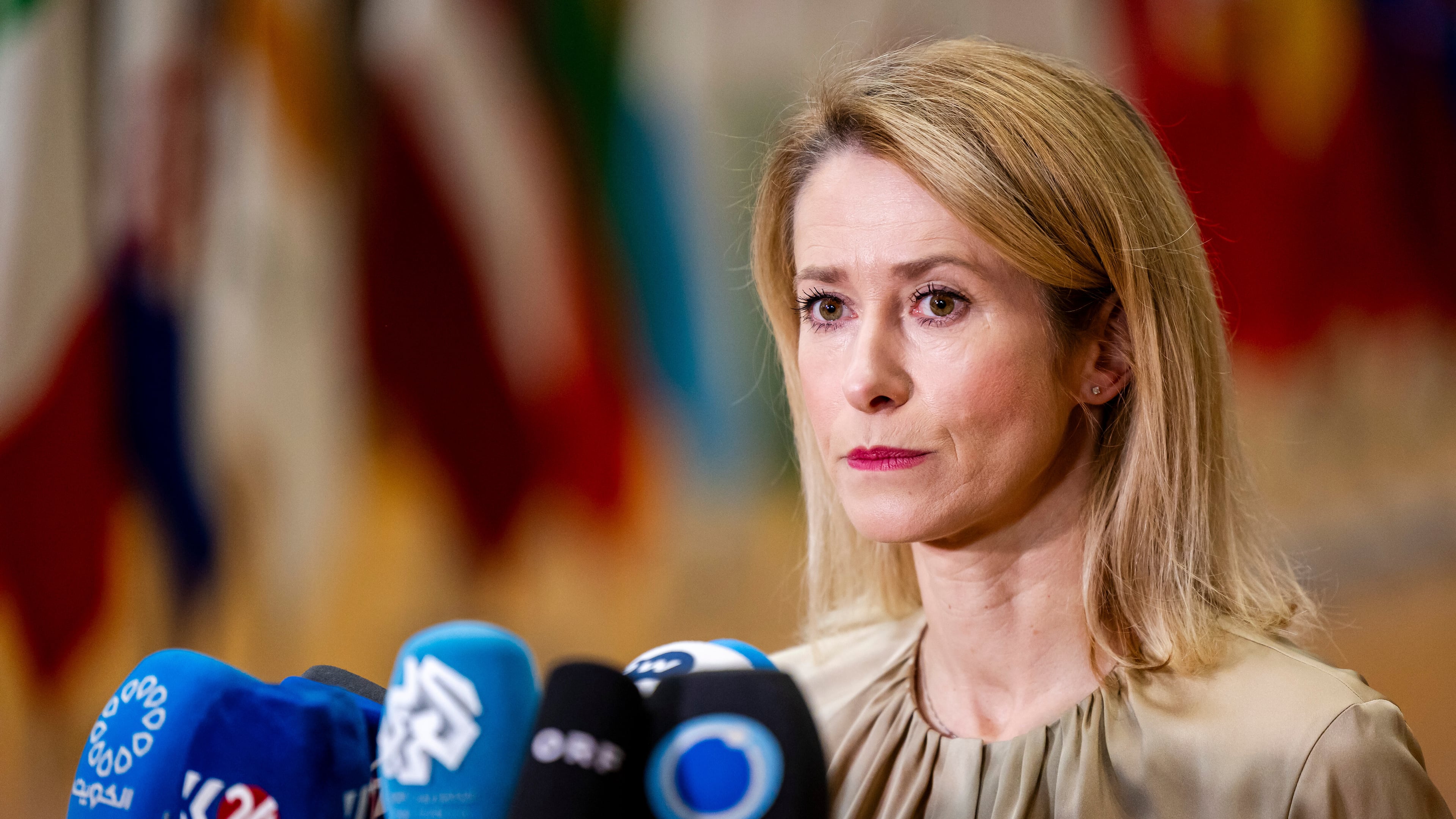European Union foreign policy chief Kaja Kallas speaks to media as she arrives for a EU general affairs meeting at the European Council building in Brussels, Thursday, Nov.20, 2025. (AP Photo/Geert Vanden Wijngaert)
