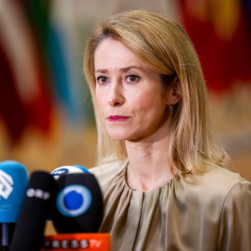 European Union foreign policy chief Kaja Kallas speaks to media as she arrives for a EU general affairs meeting at the European Council building in Brussels, Thursday, Nov.20, 2025. (AP Photo/Geert Vanden Wijngaert)