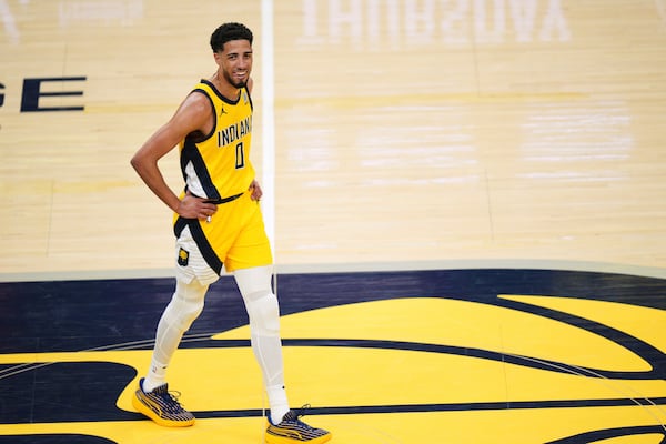 Indiana Pacers guard Tyrese Haliburton reacts after winning Game 6 of the Eastern Conference finals of the NBA basketball playoffs against the New York Knicks in Indianapolis, Saturday, May 31, 2025. (AP Photo/AJ Mast)