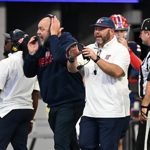 Toombs County and coach Buddy Martin (center) — pictured during last season's Class A Division I championship game — continue their bid for a repeat when they host Thomasville on Friday in the second round. Toombs is ranked No. 2 and Thomasville is No. 5. (Hyosub Shin/AJC 2024)