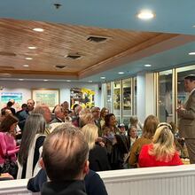 Sandy Springs Mayor Rusty Paul spoke to supporters after winning his reelection bid on Tuesday. (Greg Bluestein/AJC)