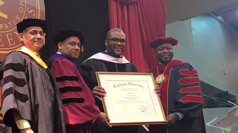"I was the commencement speaker today for the 2016 graduating class of Tuskegee University," Tyler Perry posted with this image. "Thank you for having me and giving me my first honorary doctorate. Thank you President Johnson, Chairman Page, faculty, staff and students. Congrats to the class of 2016."