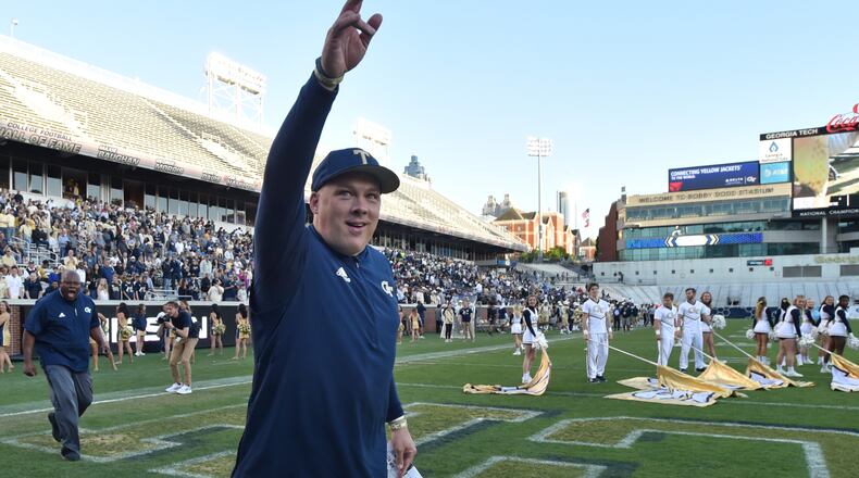 Georgia Tech head coach Geoff Collins waves to fans as he enters the football field before 2019 Georgia Tech Football Spring Game at Bobby Dodd Stadium on Friday, April 26, 2019. HYOSUB SHIN / HSHIN@AJC.COM
