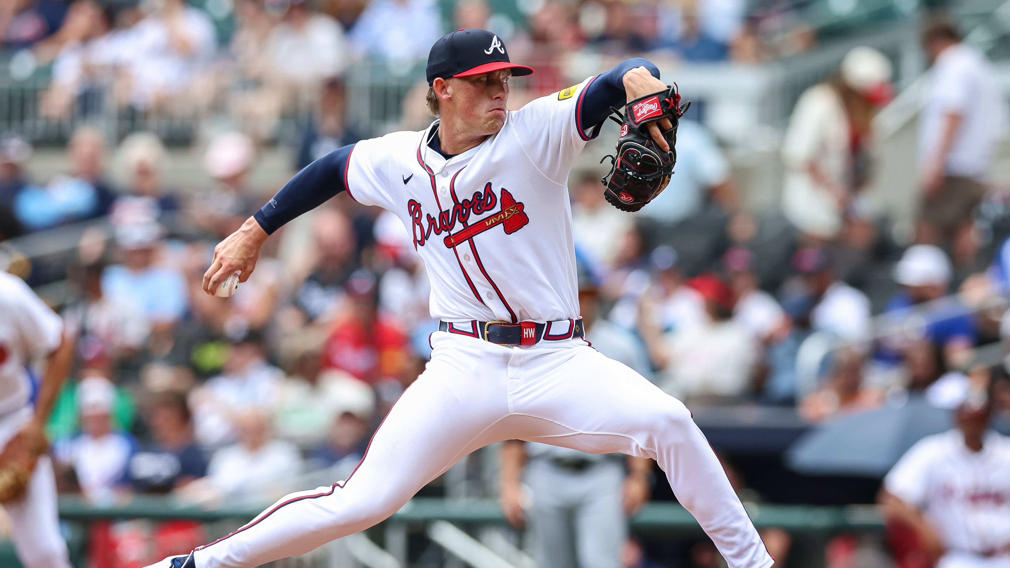 Braves pitcher Hurston Waldrep delivers in the third inning against the Miami Marlins on Saturday, Aug. 9, 2025, in Atlanta. (Colin Hubbard/AP)