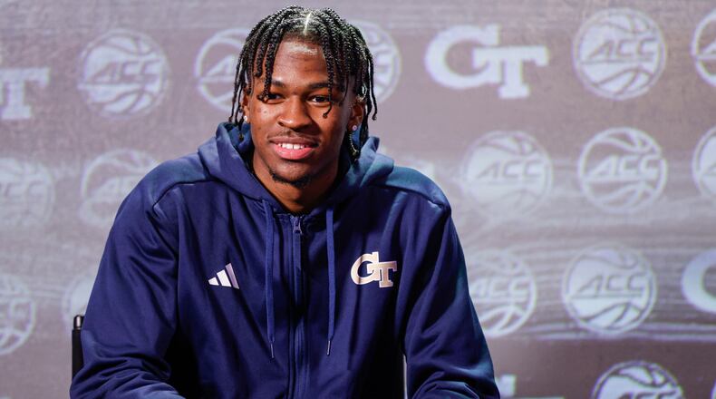 Georgia Tech guard Miles Kelly at the 2023 ACC Kickoff in Charlotte, N.C., Wednesday, Oct. 25, 2023. (Photo by Nell Redmond/ACC)