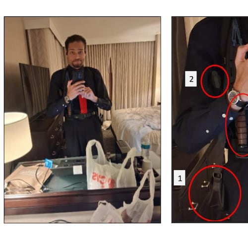 This image contained in a court filing by the Department of Justice, April 29, 2026, shows Cole Tomas Allen, left, inside his hotel room, on Saturday, April 25, 2026 in Washington, using his cellphone to take a photograph of himself in the mirror. An enhanced version of the image is right. (Department of Justice via AP)