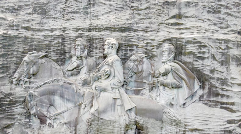 April 20, 2021 Stone Mountain - Aerial photograph shows Confederate Memorial Carving at Stone Mountain Park on Tuesday, April 20, 2021. (Hyosub Shin / Hyosub.Shin@ajc.com)