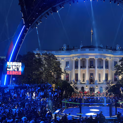 FILE - President Donald Trump arrives at the arena for the UFC Freedom 250 on the South Lawn of the White House, June 14, 2026, in Washington. (AP Photo/Mark Schiefelbein, File)