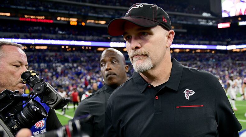 INDIANAPOLIS, IN - SEPTEMBER 22: Head coach Dan Quinn of the Atlanta Falcons walks off the field after the loss to the Indianapolis Colts at Lucas Oil Stadium on September 22, 2019 in Indianapolis, Indiana. (Photo by Bobby Ellis/Getty Images)  ***Local Caption***