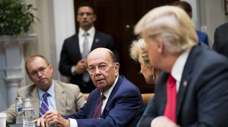 Commerce Secretary Wilbur Ross speaks to President Donald Trump during the first meeting of the President’s National Council for the American Worker at the White House in Washington, Sept. 17, 2018. A federal judge blocked the Commerce Department on Jan. 15 from adding a question on American citizenship to the 2020 census, handing a legal victory to critics who accused the Trump administration of trying to turn the census into a tool to advance Republican political fortunes. (Doug Mills/The New York Times)