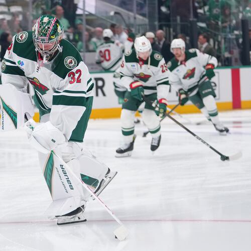 Minnesota Wild goaltender Filip Gustavsson works out ahead of Game 1 of a first-round NHL Stanley Cup playoffs hockey series against the Dallas Stars, Saturday, April 18, 2026, in Dallas. (AP Photo/Julio Cortez)