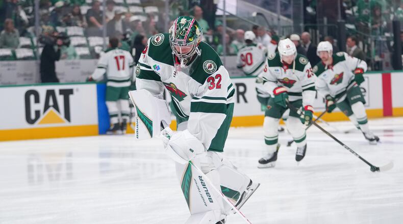 Minnesota Wild goaltender Filip Gustavsson works out ahead of Game 1 of a first-round NHL Stanley Cup playoffs hockey series against the Dallas Stars, Saturday, April 18, 2026, in Dallas. (AP Photo/Julio Cortez)