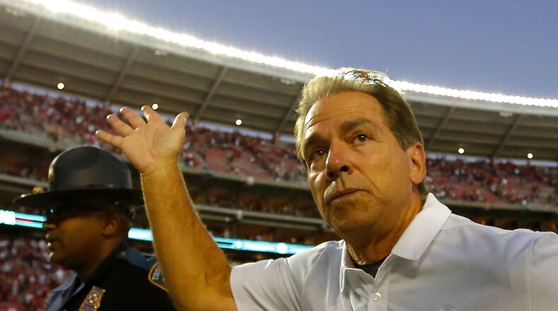 Coach Nick Saban’s Alabama Crimson Tide will carry the No. 1 ranking into Saturday’s game against rival Auburn. (Photo by Kevin C. Cox/Getty Images)