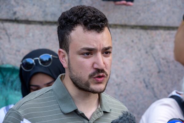 FILE - Student negotiator Mahmoud Khalil is seen at a pro-Palestinian protest encampment on the Columbia University campus in New York, April 29, 2024. (AP Photo/Ted Shaffrey, File)