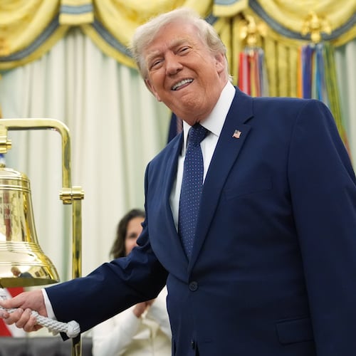 President Donald Trump rings the opening bell for the New York Stock Exchange and the Nasdaq in the Oval Office at the White House, Monday, July 6, 2026, in Washington. (AP Photo/Mark Schiefelbein)