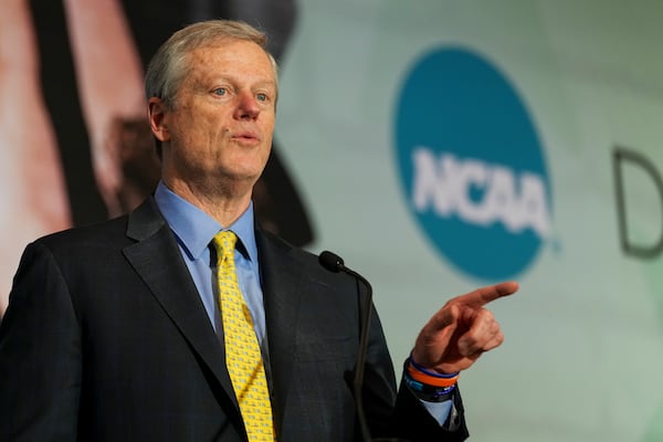 FILE - NCAA President Charlie Baker speaks during the organizations Division I Business Session at their annual convention Wednesday, Jan. 15, 2025, in Nashville, Tenn. (AP Photo/George Walker IV,File)