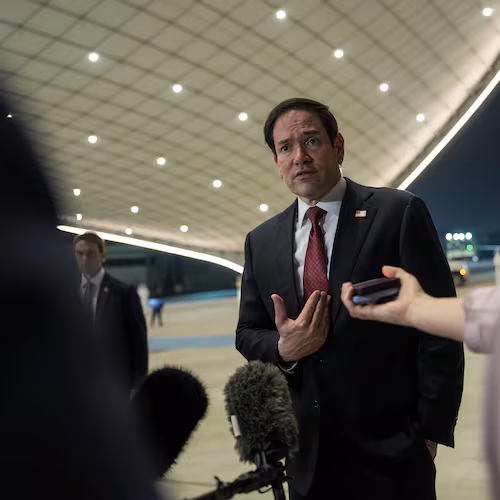 Secretary of State Marco Rubio speaks to the media upon his arrival at Al Bateen Executive Airport, in Abu Dhabi, United Arab Emirates, Tuesday, June 23, 2026. (Eric Lee/Pool Photo via AP)
