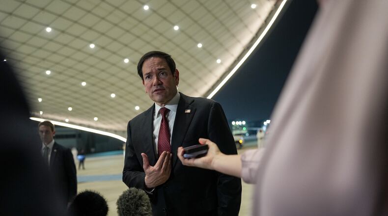 Secretary of State Marco Rubio speaks to the media upon his arrival at Al Bateen Executive Airport, in Abu Dhabi, United Arab Emirates, Tuesday, June 23, 2026. (Eric Lee/Pool Photo via AP)