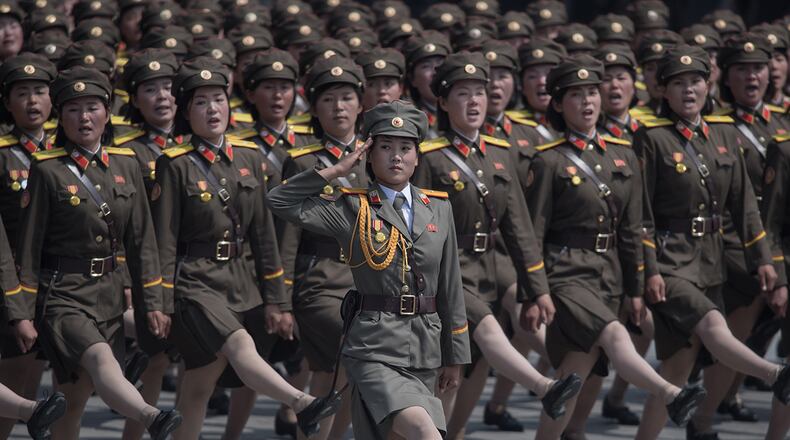 Korean People's Army (KPA) soldiers march through Kim Il-Sung square during a military parade marking the 105th anniversary of the birth of late North Korean leader Kim Il-Sung, in Pyongyang on April 15, 2017. (ED JONES/AFP/Getty Images)