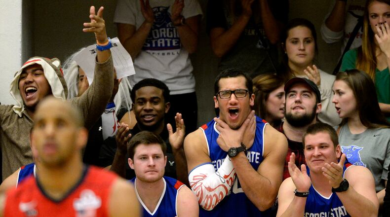 Georgia State Panthers fans mock the South Alabama Jaguars in the first half of their NCAA college basketball game at the GSU Arena on Monday, Feb. 3, 2014, in Atlanta. Georgia State is looking to extend its school-record winning streak to 13 games. David Tulis / AJC Special