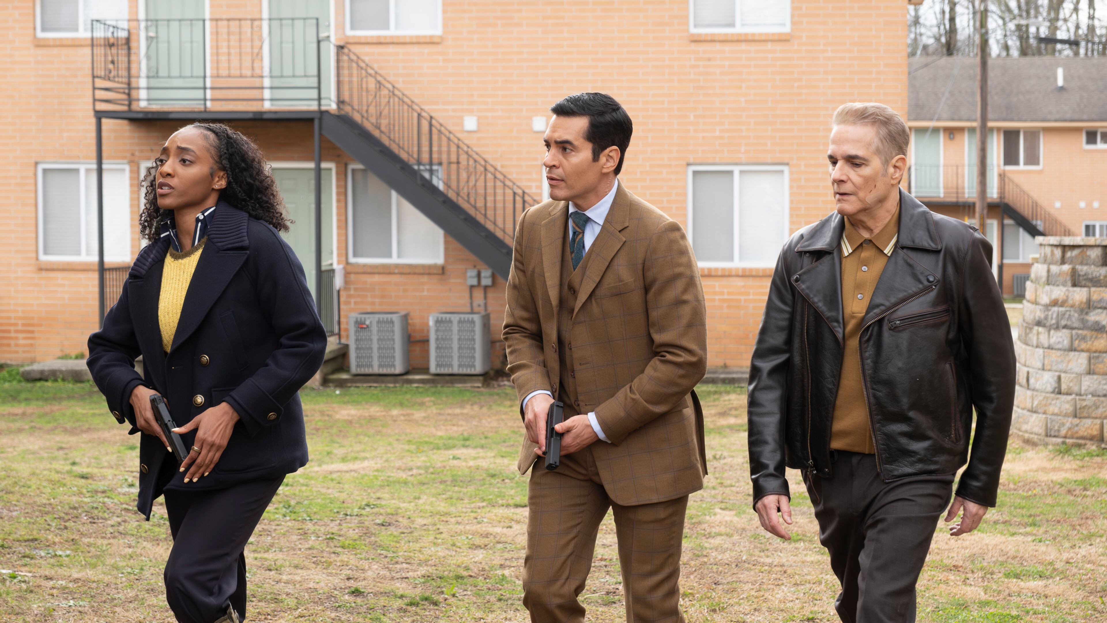 From left, Faith (Iantha Richardson), Will Trent (Ramon Rodriguez) and Caleb (Yul Vazquez) try to take down a domestic terrorist group during Episode 17 of "Will Trent" Season 3. (Wilford Harewood/Disney)