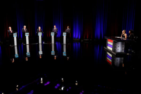 Georgia's Republican candidates for the U.S. Senate include (from left): Buddy Carter, Mike Collins, John Coyne, Derek Dooley and Jonathan McColumn. They participated in an Atlanta Press Club debate on Sunday. (Miguel Martinez/AJC)