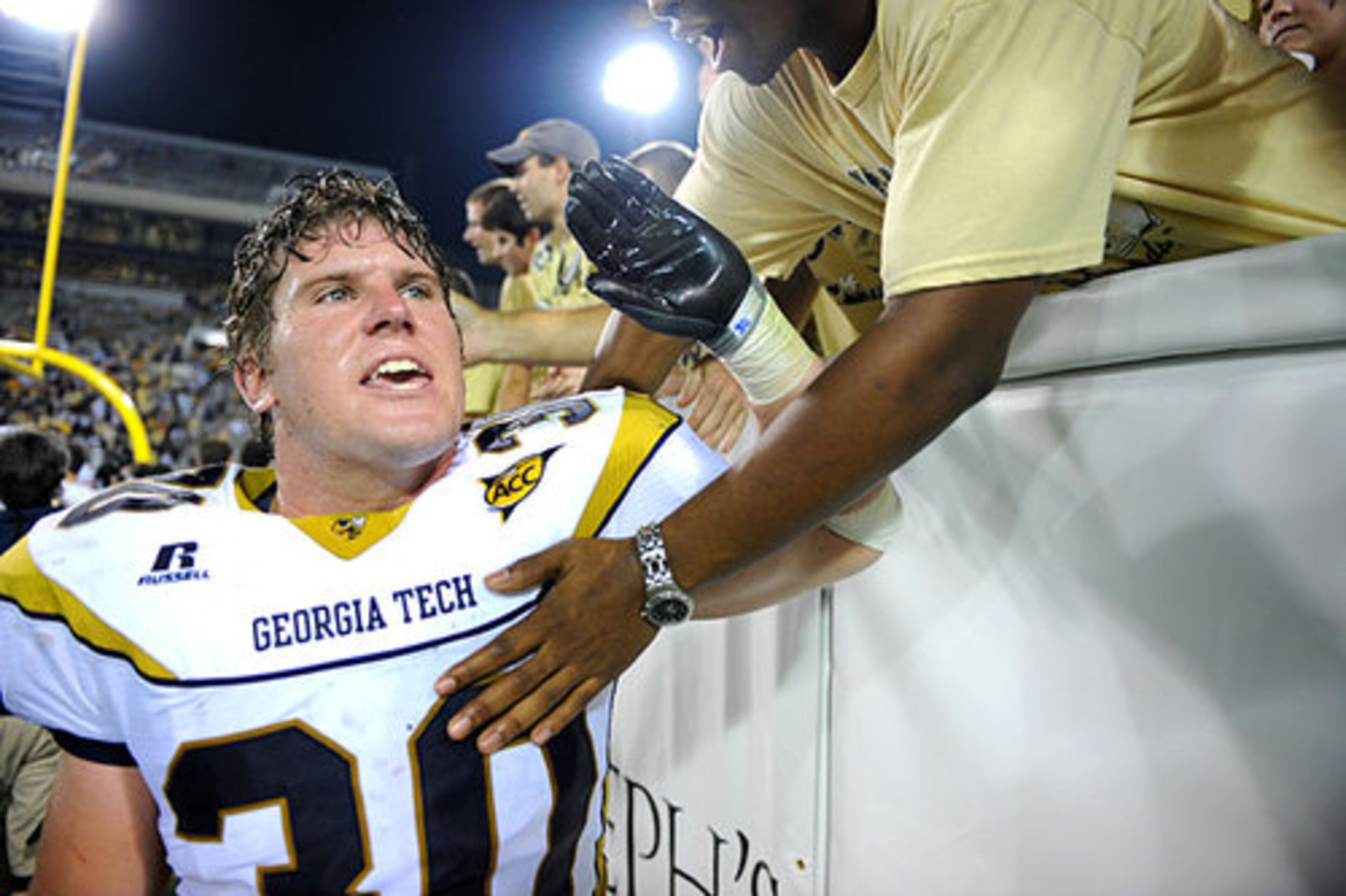 A file photo shows Georgia Tech linebacker James Liipfert celebrating a victory.