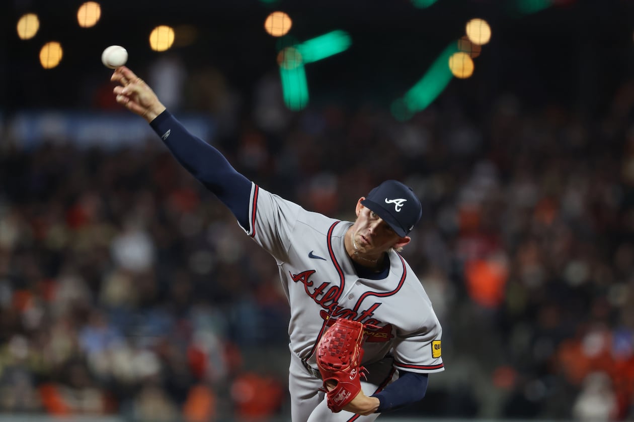 Braves pitcher Hurston Waldrep throws against the Giants during the sixth inning on Friday, June 26, 2026, in San Francisco. Waldrep made his 2026 season debut Friday at Oracle Park. (Jed Jacobsohn/AP)
