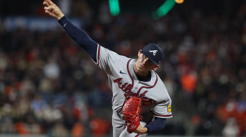 Braves pitcher Hurston Waldrep throws against the Giants during the sixth inning on Friday, June 26, 2026, in San Francisco. Waldrep made his 2026 season debut Friday at Oracle Park. (Jed Jacobsohn/AP)