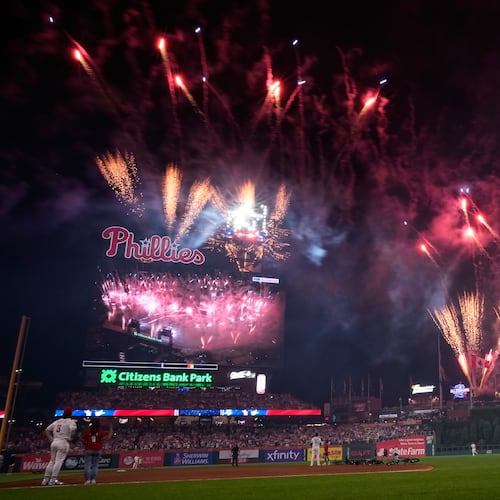 Fireworks explode during the MLB baseball All-Star Game between the American League and National League, Tuesday, July 14, 2026, in Philadelphia. (AP Photo/Matt Slocum)