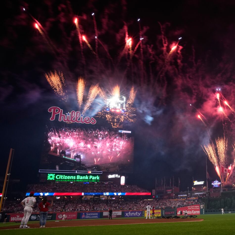 Fireworks explode during the MLB baseball All-Star Game between the American League and National League, Tuesday, July 14, 2026, in Philadelphia. (AP Photo/Matt Slocum)