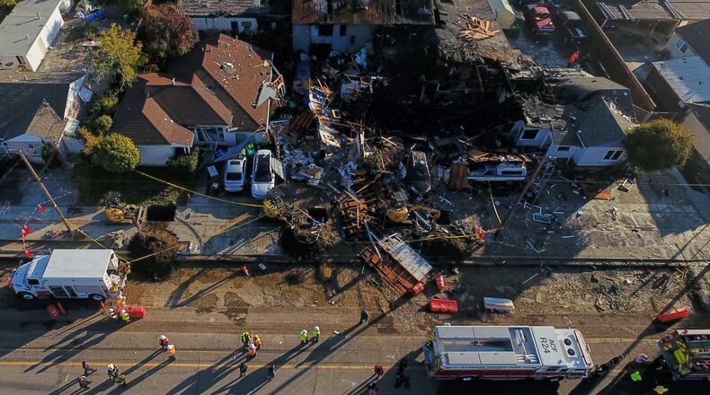 Damage is seen at the scene of a gas explosion in Hayward, Calif., Thursday, Dec. 11, 2025. (AP Photo/Godofredo A. Vásquez)