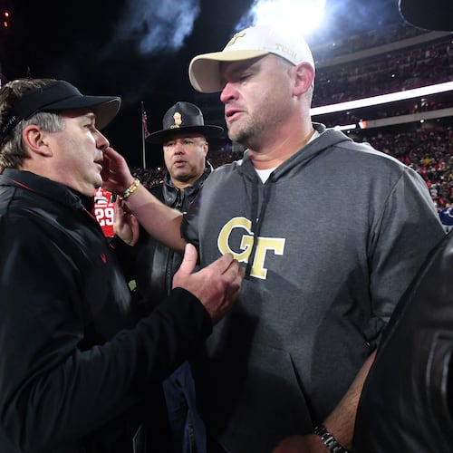 Kirby Smart (left) and Georgia beat Brent Key and Georgia Tech 44-42 in eight overtimes last November in Athens. The Bulldogs and Yellow Jackets bring Clean Old-Fashioned Hate off campus for 2025, playing at 3:30 p.m. Friday at Mercedes-Benz Stadium in Atlanta. (Hyosub Shin/AJC 2024)
