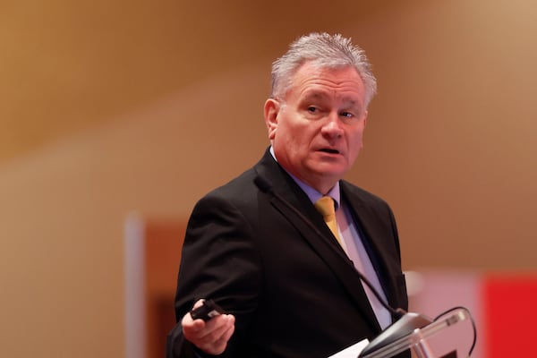 Roger Tutterow, Kennesaw State University professor of economics, addresses the annual Synovus Economic Forecast Breakfast event at Cobb Energy Performing Arts Center on Wednesday, February 26, 2025.
(Miguel Martinez/AJC)