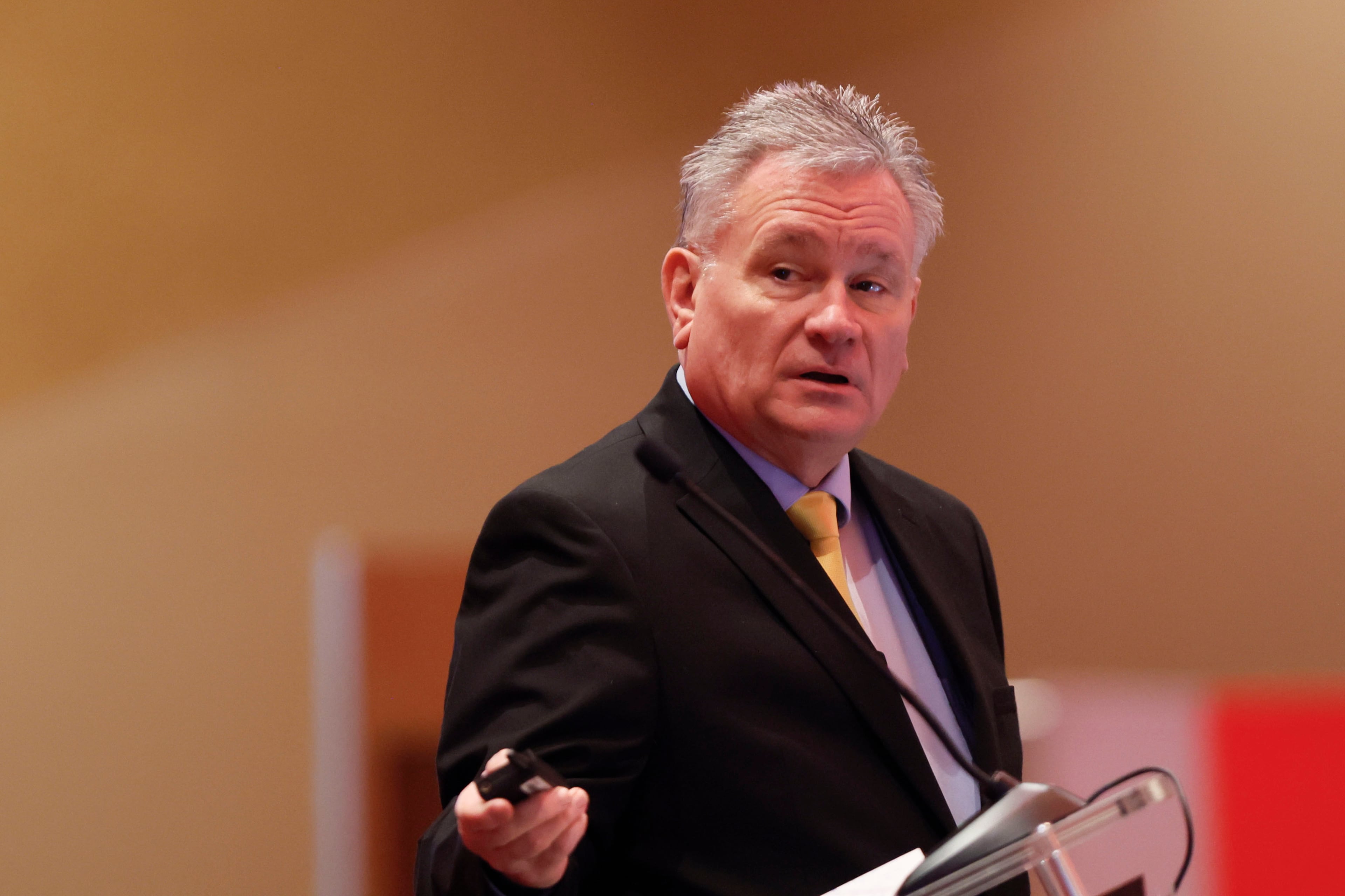 Roger Tutterow, Kennesaw State University professor of economics, addresses the annual Synovus Economic Forecast Breakfast event at Cobb Energy Performing Arts Center on Wednesday, February 26, 2025.
(Miguel Martinez/AJC)