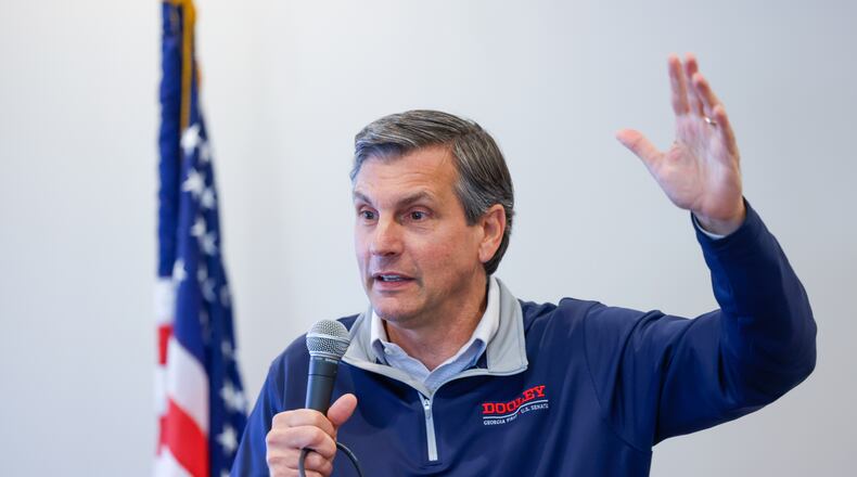 Republican U.S. Senate candidate Derek Dooley speaks at a campaign stop at Farmview Market in Madison, Ga., on May 8, 2026. (Arvin Temkar/Atlanta Journal-Constitution via AP)