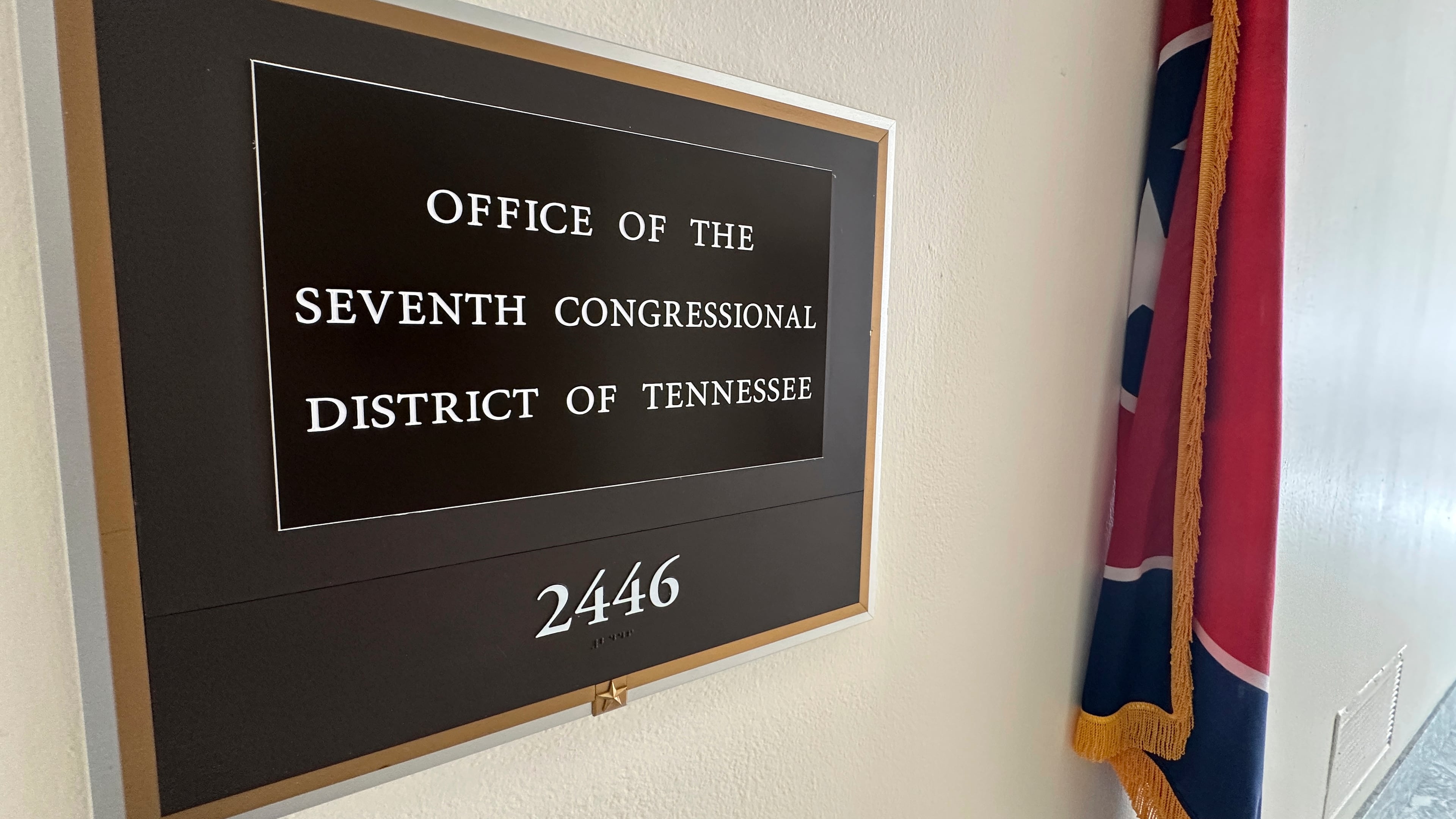 The state flag of Tennessee stands outside the office of Tennessee's 7th Congressional District in Washington, Sept. 2, 2025, which has a seat that became vacant following the resignation of Rep. Mark Green, R-Tenn. on July 20. (AP Photo/Robert Yoon)
