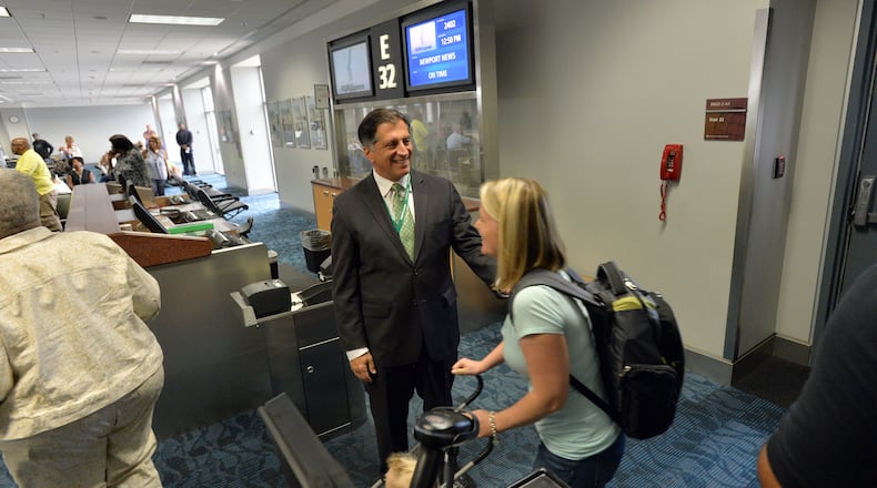 Mike Morisi, president of PEOPLExpress welcomes passengers arriving at Hartsfield-Jackson Atlanta International Airport from Newport News-Williamsburg International Airport on Aug. 1. After nearly 30 years PEOPLExpress hopes to return to Atlanta.