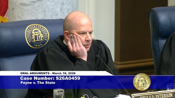 Georgia Supreme Court Chief Justice Nels Peterson questions a Clayton County prosecutor about nonexistent cases referenced in court filings. (Courtesy of Supreme Court of Georgia)