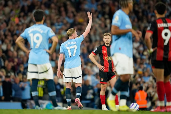 Manchester City's Kevin De Bruyne walks off after being substituted during the English Premier League soccer match between Manchester City and Bournemouth at the Etihad stadium in Manchester, England, Tuesday, May 20, 2025. (AP Photo/Dave Thompson)