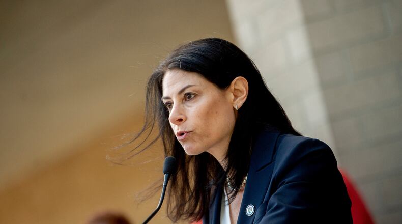 FILE - Michigan Attorney General Dana Nessel speaks during a news conference on Sept. 19, 2022, outside of the Genesee County Sheriff's Office in Flint, Mich. (Jake May/The Flint Journal via AP, File)