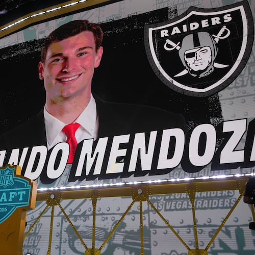 Indiana quarterback Fernando Mendoza is shown on a screen after being chosen by the Las Vegas Raiders with the first overall pick during the first round of the NFL football draft, Thursday, April 23, 2026, in Pittsburgh. (AP Photo/Gene J. Puskar)