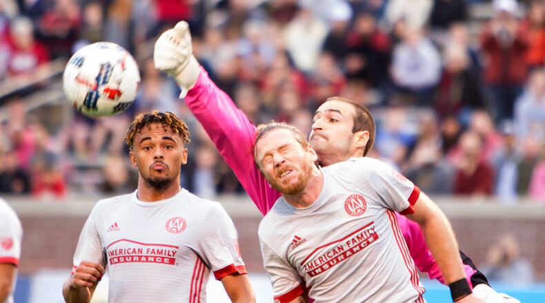 Atlanta United’s Anton Walkes (left) and Jacob Peterson compete with the Chattanooga FC goalkeeper for a cross in last week’s game. (Miguel Martinez).