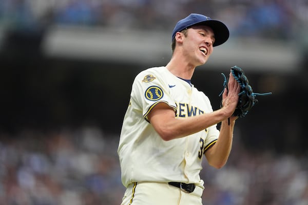 Milwaukee Brewers' Jacob Misiorowski reacts during the sixth inning of a baseball game against the Los Angeles Dodgers, Tuesday, July 8, 2025, in Milwaukee. (AP Photo/Aaron Gash)