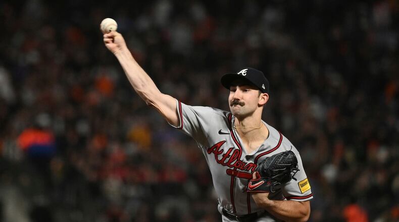Atlanta Braves pitcher Spencer Strider throws during the fifth inning of the team's baseball game against the San Francisco Giants in San Francisco, Friday, Aug. 25, 2023. (AP Photo/Nic Coury)