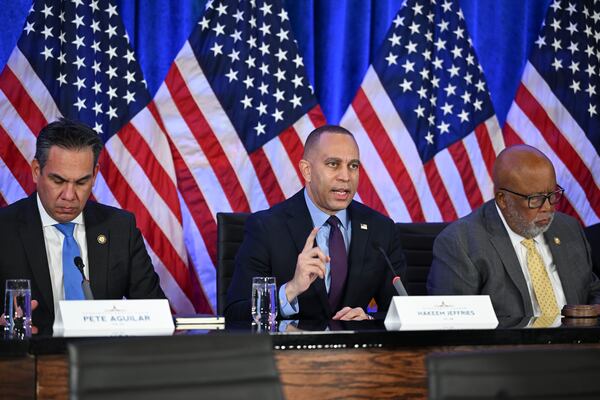 House Minority Leader Hakeem Jeffries (center) spoke during a hearing held by Democrats on the anniversary of the Jan. 6, 2021, riot at the Capitol in Washington. (Kenny Holston/The New York Times)