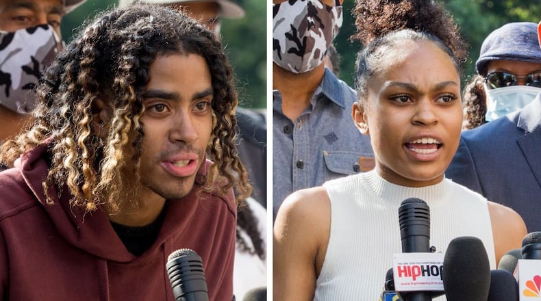 Messiah Young, left, and Taniyah Pilgrim participate in a press conference on Morehouse College campus Monday, June 1, 2020 with their families, their legal representation and the presidents of Morehouse College and Spelman College where the two students attend school. (Jenni Girtman for The Atlanta Journal-Constitution)