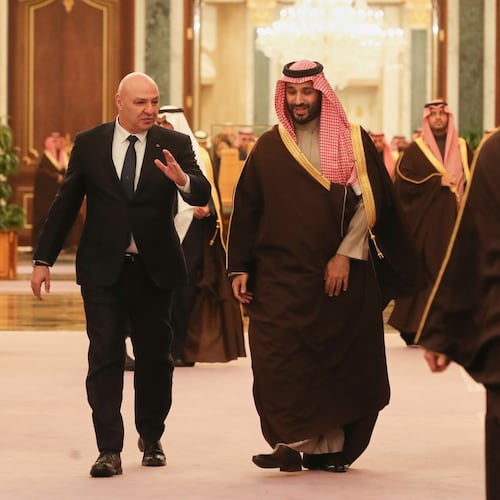 FILE - In this photo released by the Lebanese Presidency press office, Saudi's Crown Prince Mohammed bin Salman accompanies Lebanese President Joseph Aoun, left, upon his arrival to the Royal Palace in Riyadh, Saudi Arabia, March 3, 2025. (Lebanese Presidency press office via AP, File)